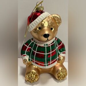 North Pole Festive Gold Glass Teddy Bear Ornament with Red and Green Sweater NWT